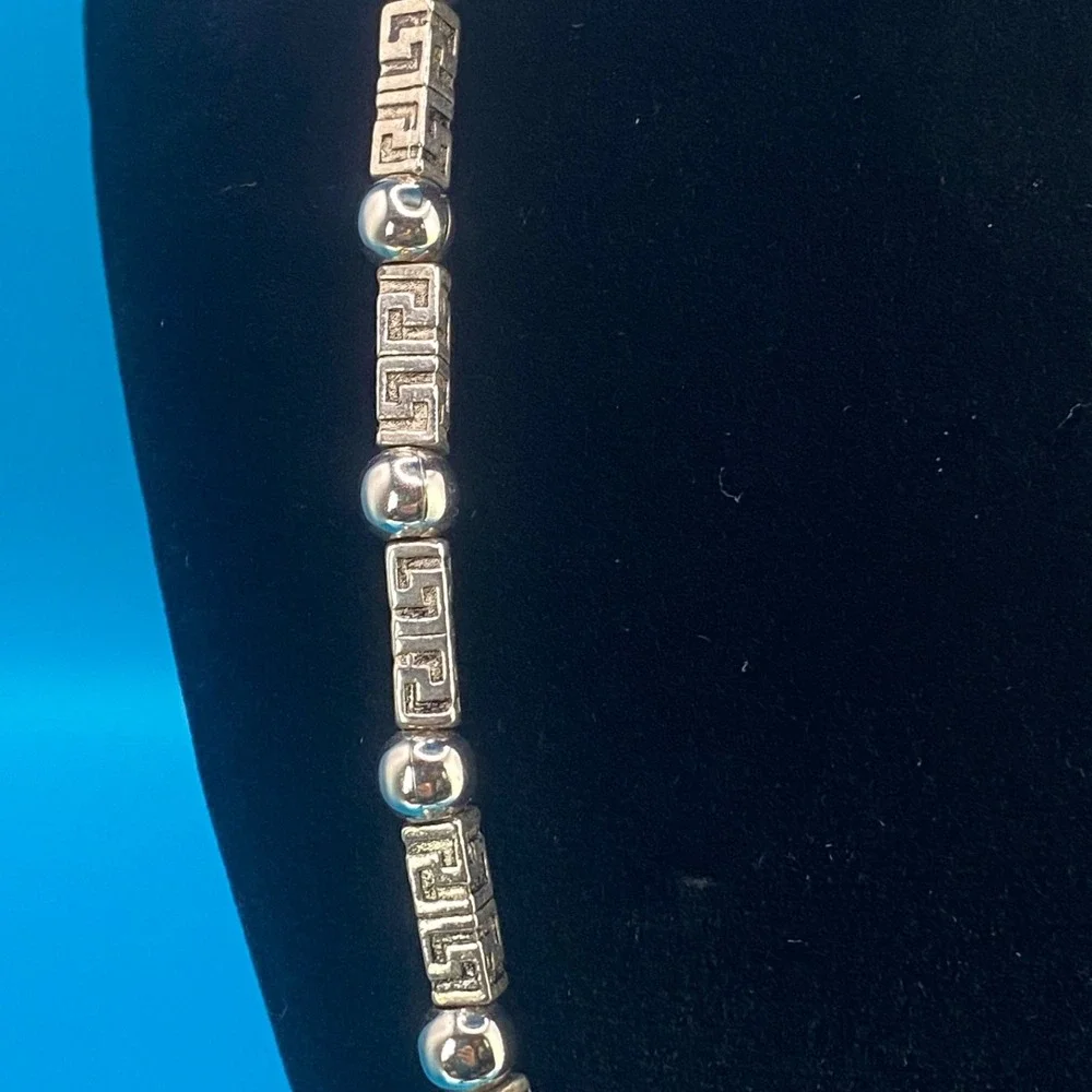 Silver Tone Greek Key Meander Bead Necklace & Large‎ Hoop Earring Set Pre-Owned
